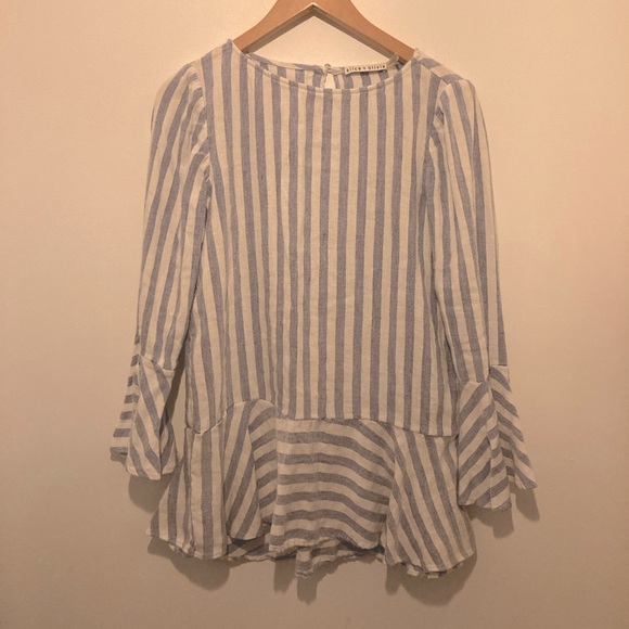 Alice + Olivia Doyle Peplum Top, Slub Linen blue stripe and trumpet sleeve - Picture 3 of 11
